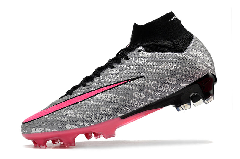 Chuteira Campo Nike Mercurial Zoom Superfly 9 Elite Cano Alto - Prata+Pink