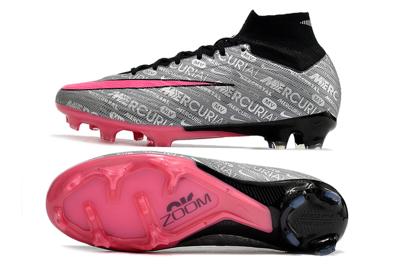 Chuteira Campo Nike Mercurial Zoom Superfly 9 Elite Cano Alto - Prata+Pink