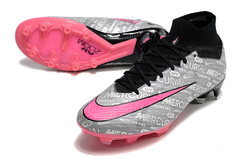 Chuteira Campo Nike Mercurial Zoom Superfly 9 Elite Cano Alto - Prata+Pink