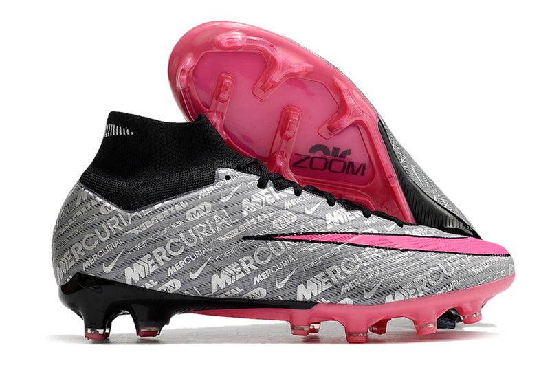 Chuteira Campo Nike Mercurial Zoom Superfly 9 Elite Cano Alto - Prata+Pink