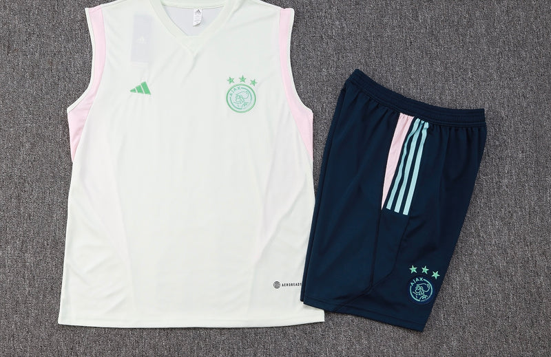 Conjunto camiseta de tirantes y pantalón corto de entrenamiento Ajax 2023/24 blanco y azul