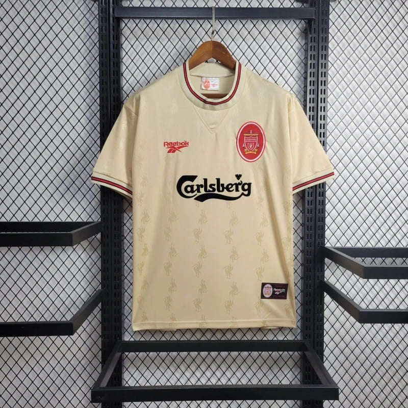 camisa-camiseta-blusa-retrô-antiga-do-liverpool-da-temporada-1996/97-96/97-reebook-branca-bege-creme-patrocinio-carlsberg-masculina-tailandesa-ii-2-segunda-reserva-away-michael-owen-robbie-fowler