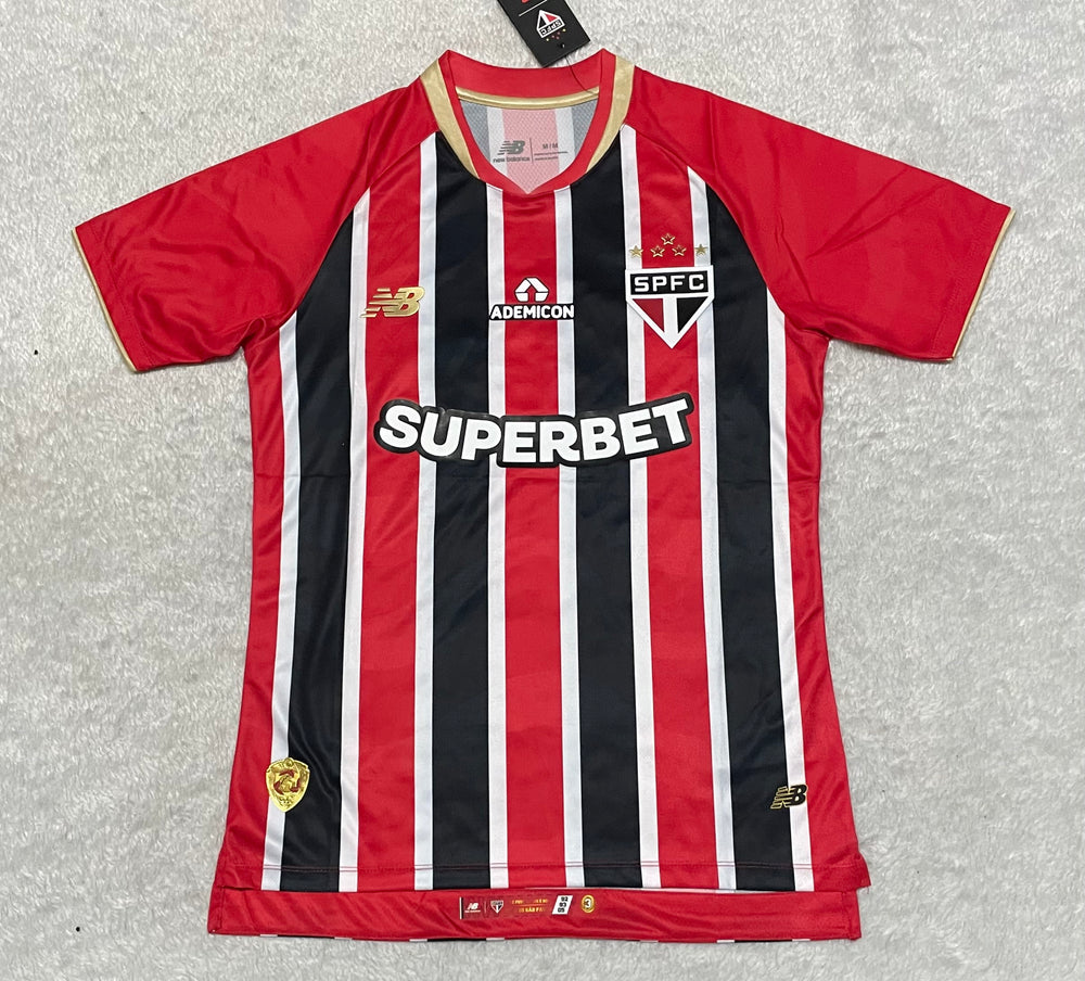 camisa camiseta blusa do são paulo a pronta entrega nova lançamento da temporada 2025/26 ii 2 segunda reserva away visitante tricolor japão mundial 2005 masculina versão modelo jogador tailandesa réplica pro mantos