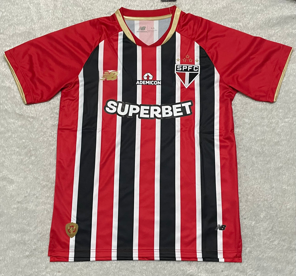 camisa camiseta blusa do são paulo nova lançamento a pronta entrega da temporada 2025/26 25/26 ii 2 segunda reserva away visitante tricolor listrada japão mundial 2005 masculina versão torcedor tailandesa réplica pro mantos