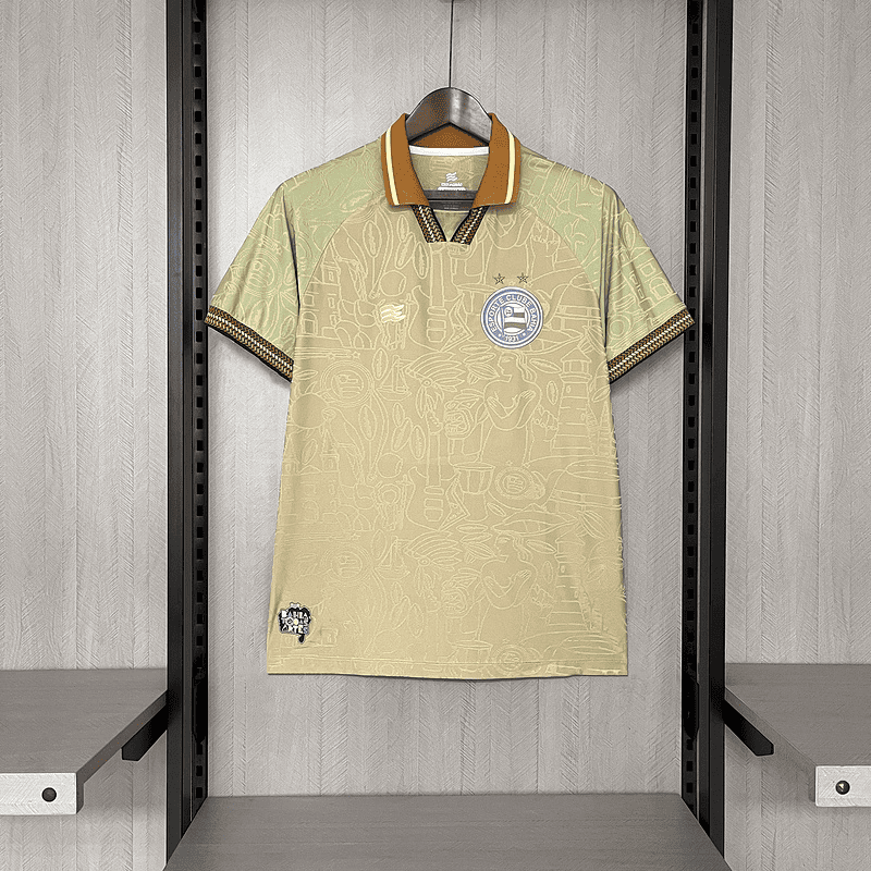 camisa camiseta blusa do bahia nova lançamento da temporada 2025/26 25/26 bbmp esquadrão de todas as artes dourada bege gola polo masculina versão torcedor tailandesa réplica pro mantos