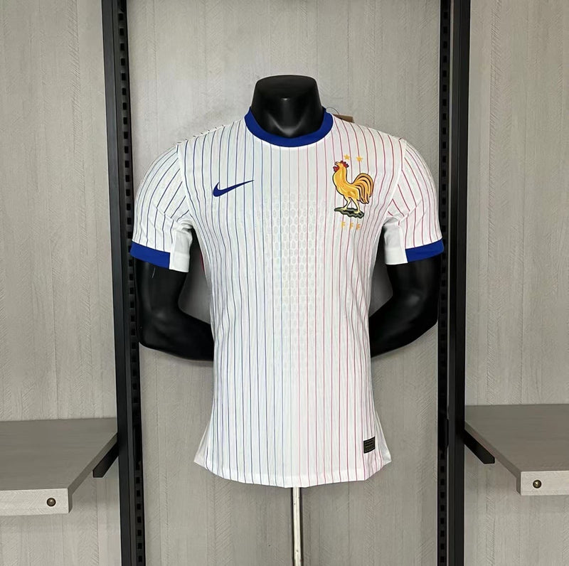 comprar-camisa-camiseta-blusa-da-frança-nova-lançamento-da-temporada-2024/25-24/25-eurocopa-nike-ii-2-segunda-reserva-away-branca-listras-listrada-pijama-mbappe-griezmann-masculina-versão-modelo-jogador-tailandesa-réplica