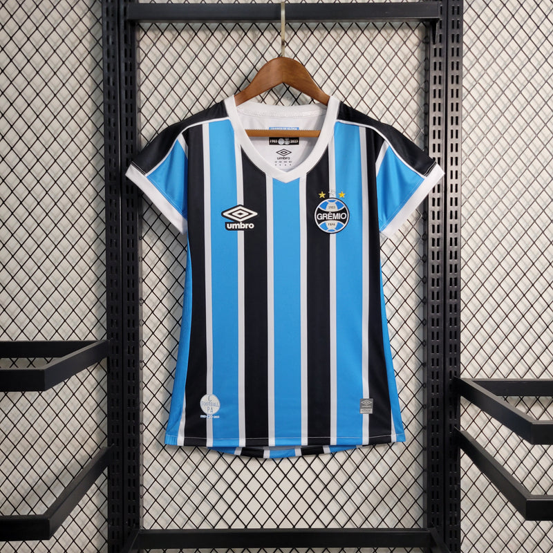 comprar-camisa-camiseta-blusa-do-grêmio-nova-lançamento-da-temporada-2023-24-feminina-baby-look-i-1-titular-principal-tricolor-listrada-com-listras-primeira-azul-preto-preta-e-branco-branca-tailandesa-réplica-de-time-de-futebol