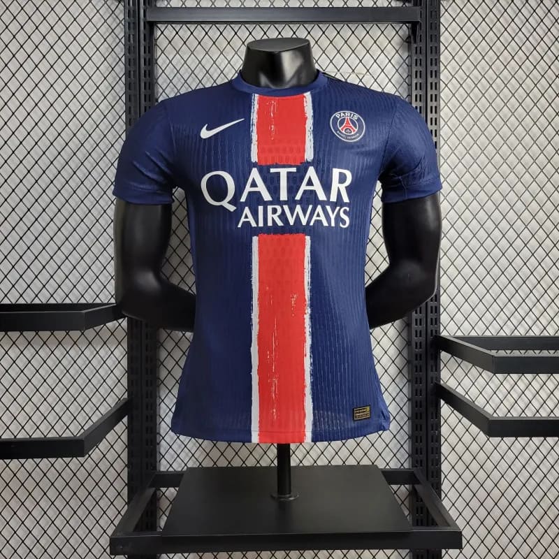 comprar-camisa-camiseta-blusa-do-psg-paris-saint-germain-nike-nova-lançamento-da-temporada-2024/25-24/25-azul-com-faixa-vermelha-qatar-airways-i-1-titular-principal-primeira-home-masculina-versão-modelo-jogador-tailandesa-pro-mantos-dembele