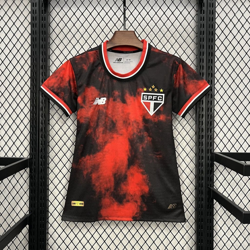 comprar-camisa-camiseta-blusa-do-são-paulo-nova-lançamento-new-balance-da-temporada-2024/25-24/25-iii-3-terceira-third-vermelha-com-preto-torcida-que-conduz-ônibus-feminina-baby-look-versão-modelo-torcedor-tailandesa-réplica-pro-mantos-calleri