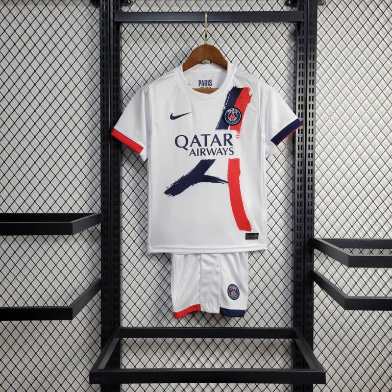 conjunto-kit-com-calção-infantil-kids-para-crianças-camisa-camiseta--do-psg-nova-lançamento-nike-da-temporada-2024/25-24/25-ii-2-segunda-reserva-away-visitante-branca-torre-eiffel-qatar-airways-tailandesa-réplica-pro-mantos